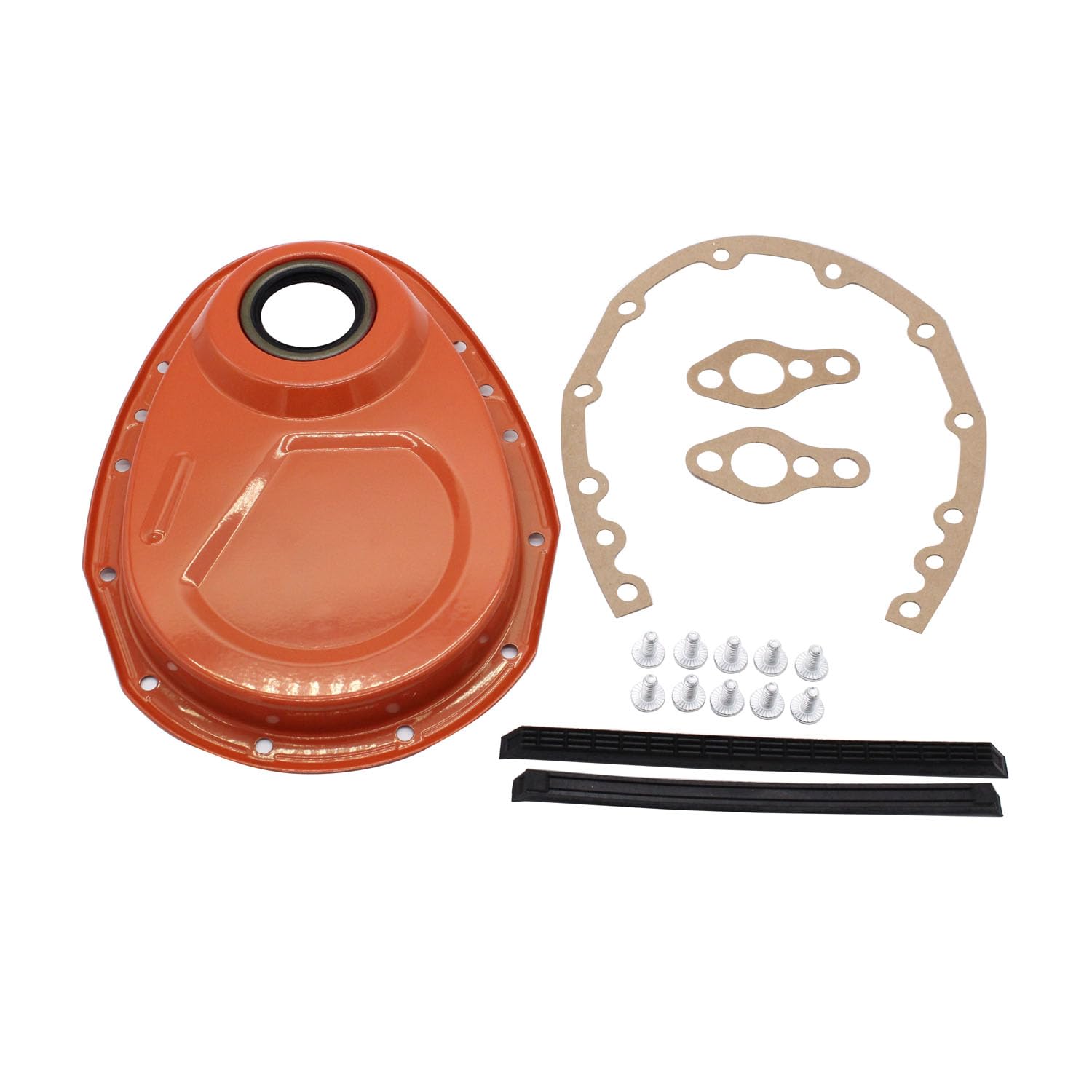 Photo 1 of 1 SET SHLPDFM Timing Chain Cover Kit CNC aluminum alloy Orange SBC Gasket Seal Bolts Set Fits for Small Block Chevy 265,283,327,350,383,& 400