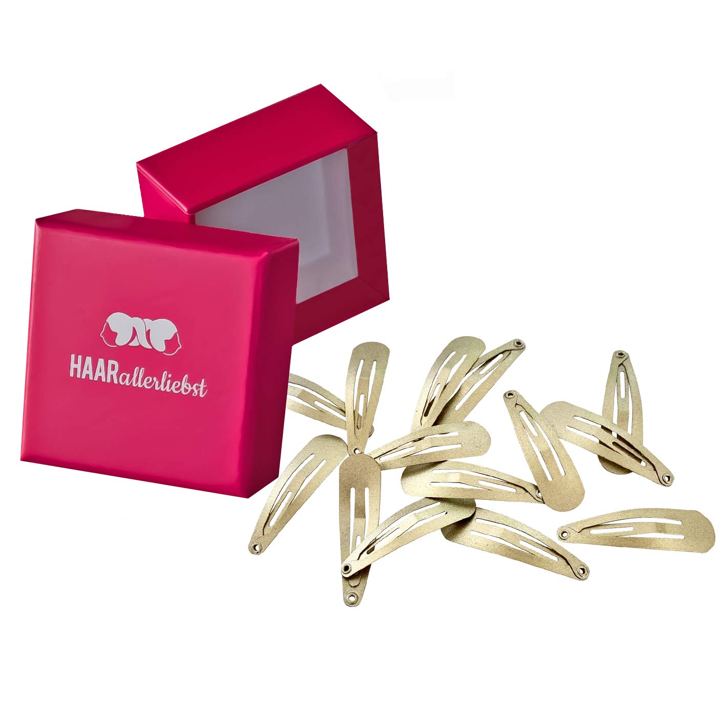 HAARallerliebst Hair Clips (14 Pieces, Gold Shimmering | 3.9 cm) Including Storage Box (Box Colour: Pink)