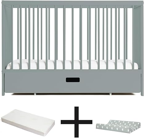 Superbe Lit Evolutif Bebe Hetre Matelas Plan A Langer Tiroir Bleu Gris Amazon Es Bebe