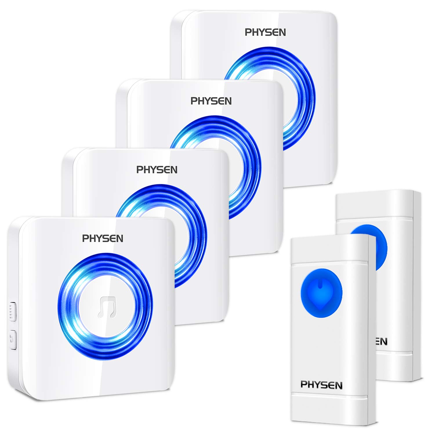 Wireless Doorbell, PHYSEN Waterproof Door Chime 2 Push Buttons and 4 Plug in Receivers with Blue Flash Light, 4 Adjustable Volume Levels, 52 Melodies to Choose, Fit for Home/Office/Store