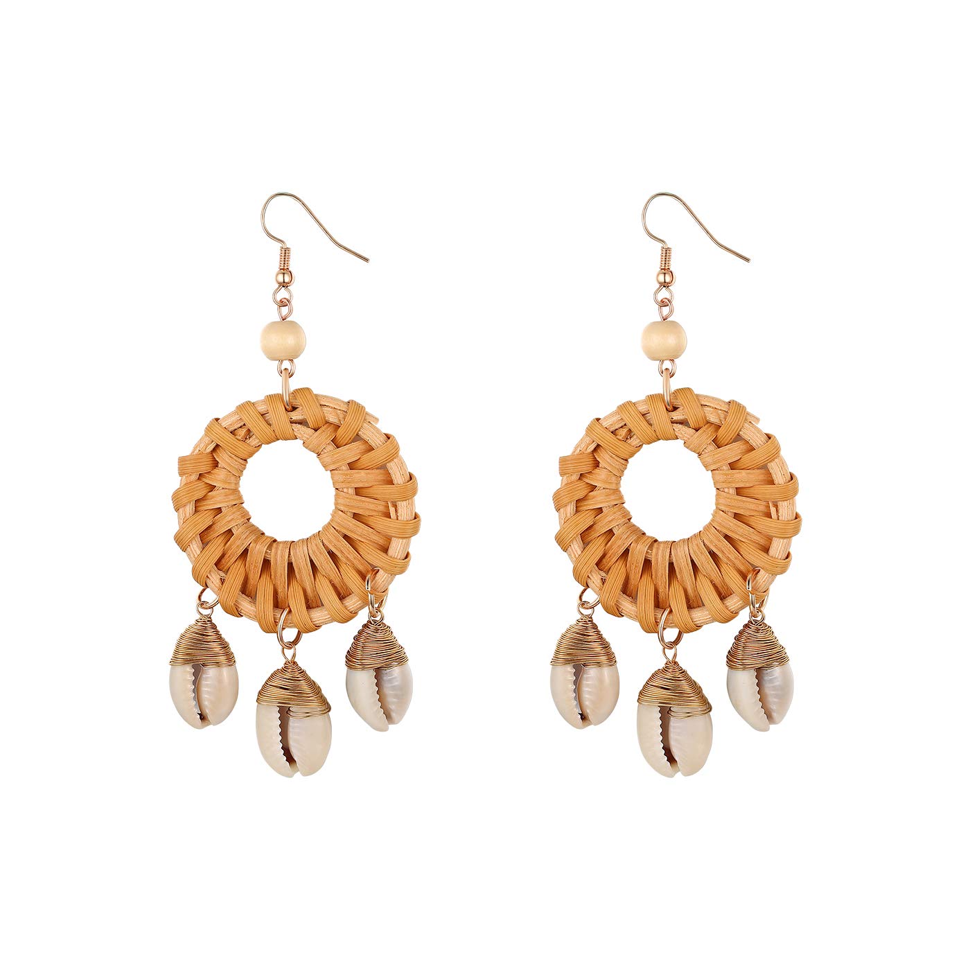 JewelryWe Cowrie Shell Earrings,Handmade Rattan Straw Wicker Braid Woven Shell Drop Earring Dangle Stud Statement Jewelry for Women Girls