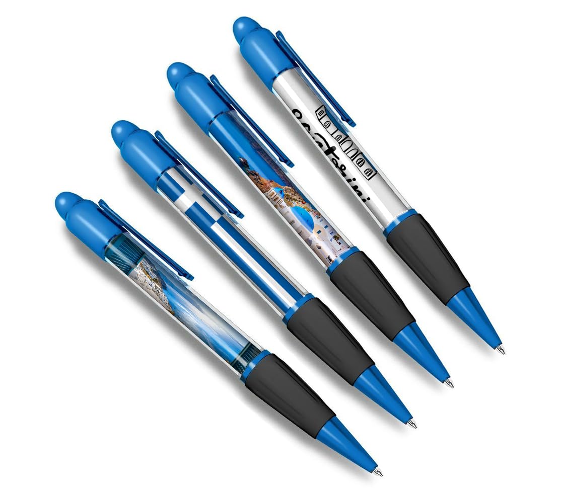 DV DESIGN Set of 4 Santorini Blue Ballpoint Pens - Greece Greek Flag Travel Holiday Theme Stationary Boys Girls Men Women Pen Black Ink #81357