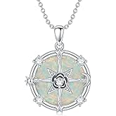 ADLSTIGH Compass Necklace for Women Rose Flower Necklace for Women 925 Sterling Silver Sun Moon Star Necklace Opal Pendant Necklace Crystal Compass Jewelry Gifts