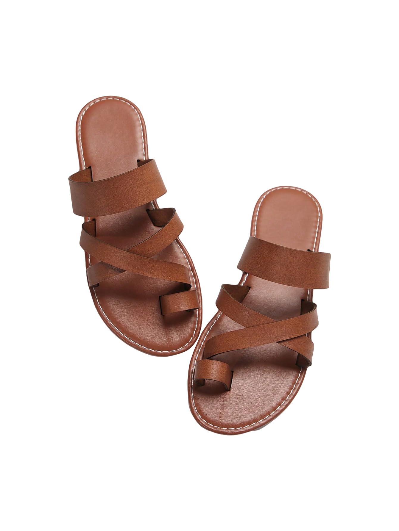 Photo 1 of GORGLITTER Women's Cross Strappy Leather Flats Sandal Cute Dressy Toe Ring Open Toe Slip on Slide Sandals Brown 10.5