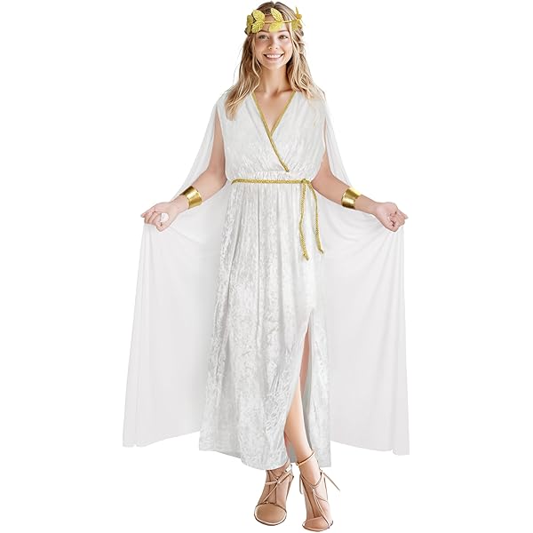 Greek Goddess Costume MCJC Ancient - White Velvet Roman Toga Dress With Gold Crown & Accessories Goddess Costume Women Greek Goddess Costume MCJC Ancient - White Velvet Roman Toga Dress With Gold Crown & Accessories Goddess Costume Women