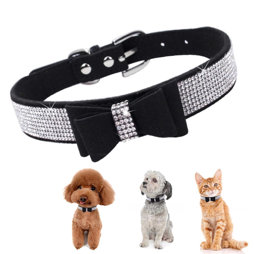 HimyBB Dog Collar with Bowknot Crystal Rhinestone Adjustable Soft Puppy Cat Pet Collars Black Medium