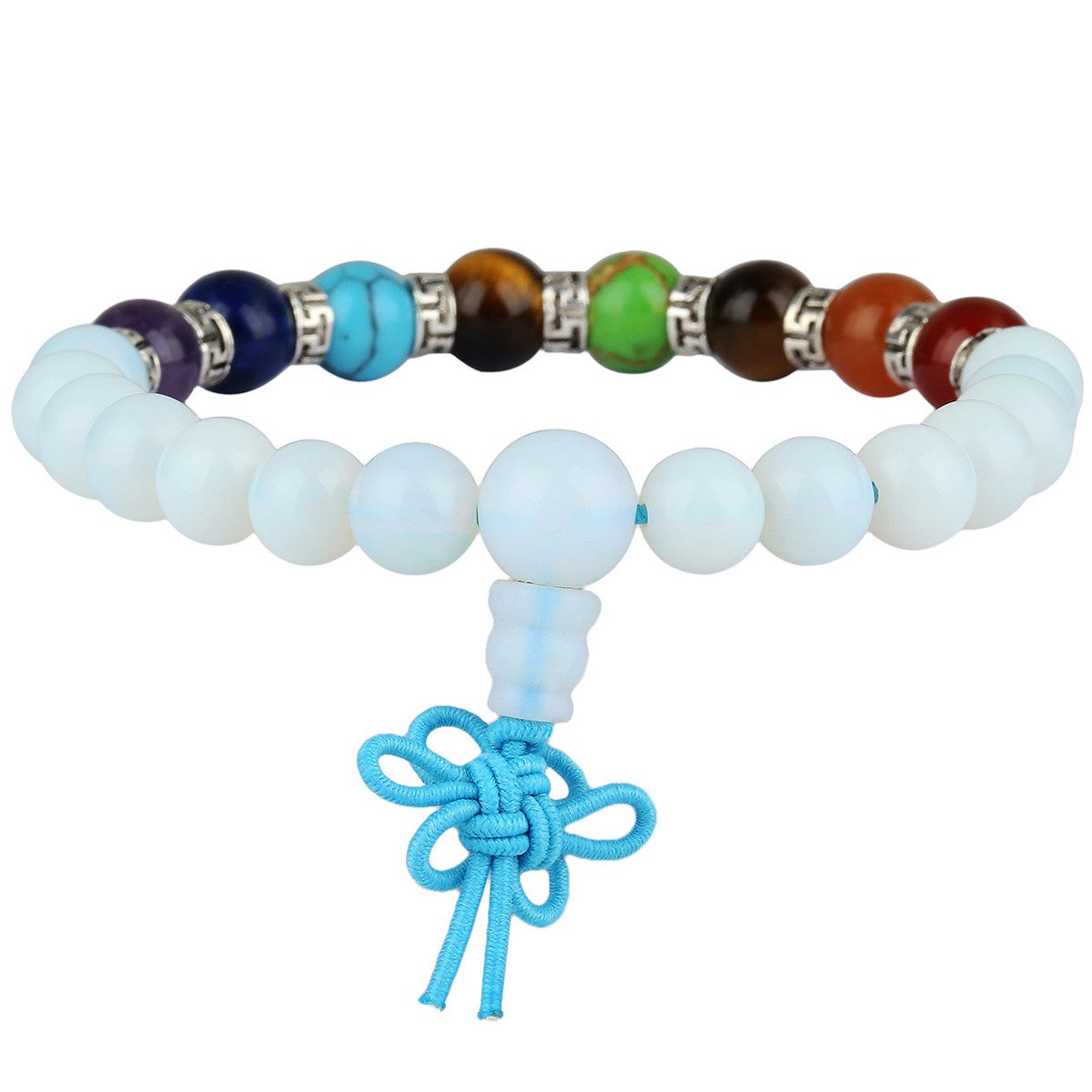 KYEYGWO Mala Prayer Beads Bracelet for Woman, 7 Chakras Crystal Stone Round Beads Stretch Bracelets, Opalite