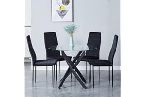 NIERN Round Tempered Glass Dining Table Set for 4, 5-Piece Modern Kitchen Table Set with 4 Upholstered Chair for Kitchen Dining Room (Deep Black)