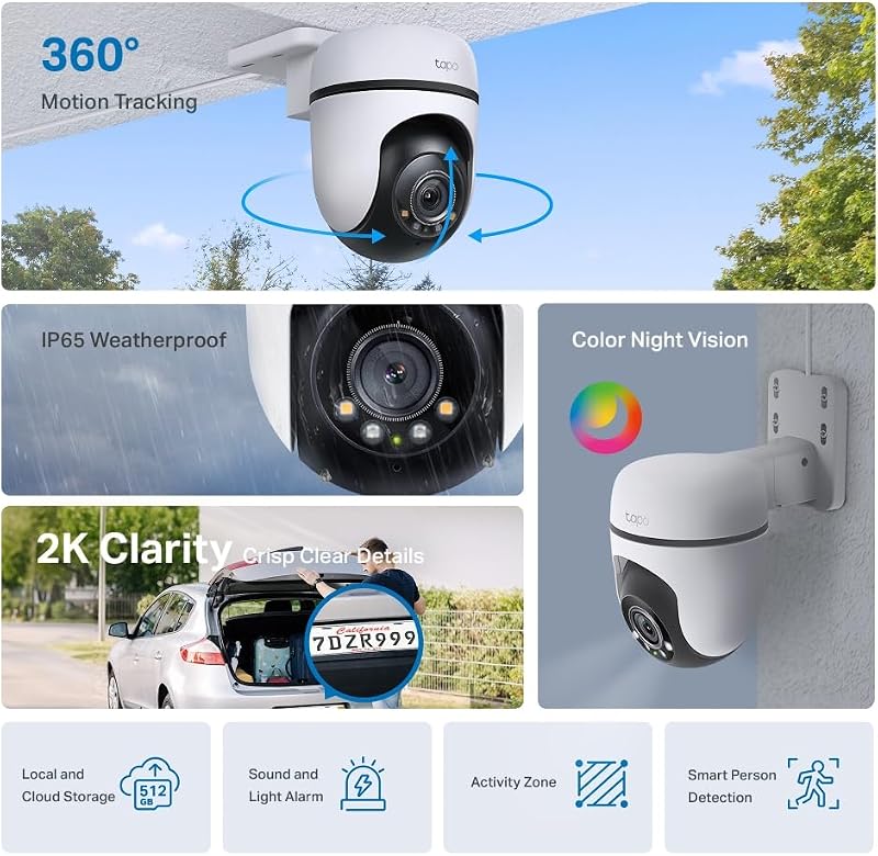TP-Link Tapo C510W Kameraüberwachung aussen, WLAN IP Kamera, 360° Schwenk-/Neige, 2K Auflösung, Vollfarbige Nachtsicht, IP65 wasserdicht, Intelligente Bewegungsverfolgung, Zwei-Wege-Audio