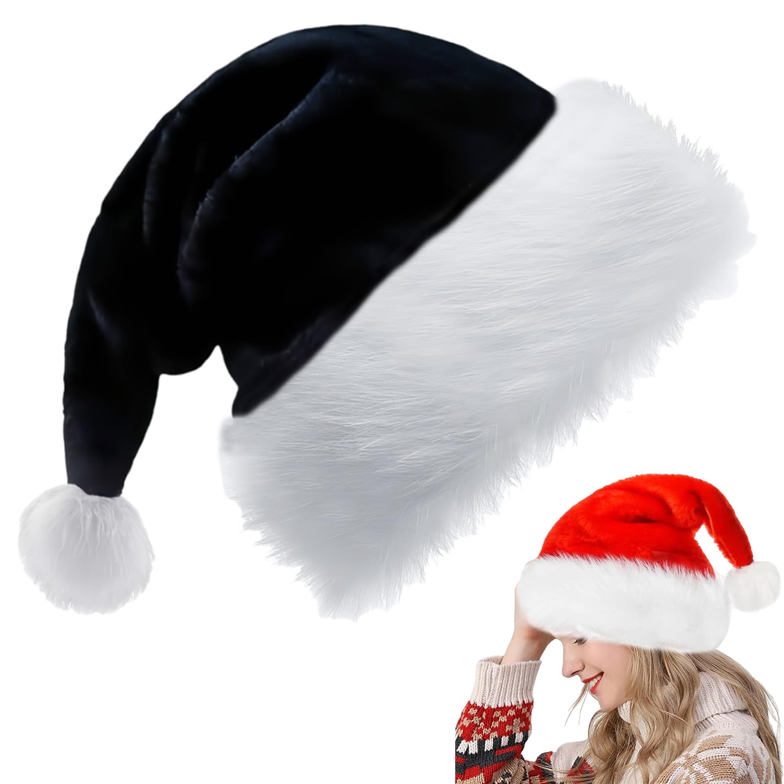 Black Santa Christmas Hat 28*38cm for Kids - Thickened Classic Xmas Plush Santa Claus Cap - Unisex Velvet Father Christmas Costume - Party Cap for New Year Festive Gift — image 1
