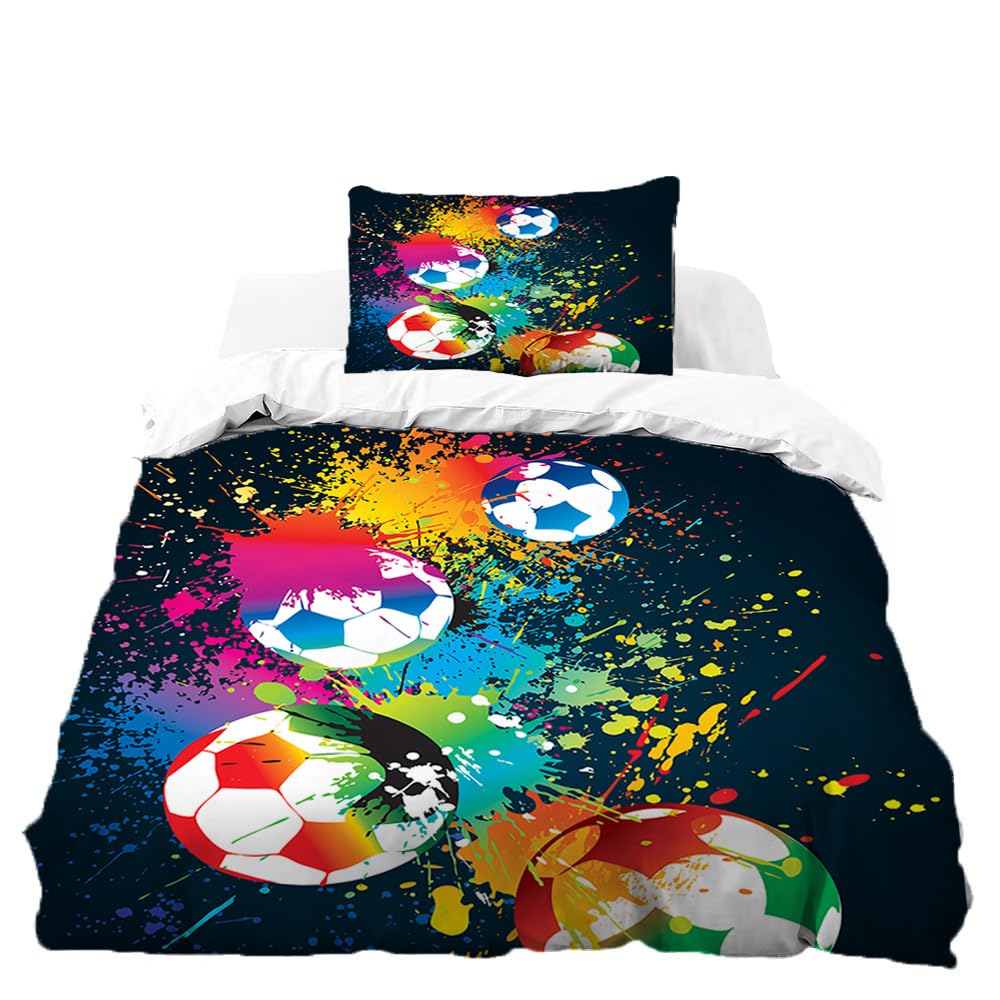 goodbath Single Duvet Cover Set, Sport Theme Colorful Football Black Background Bedding Set with 1 Pillowcases, Gift for Boys Girls