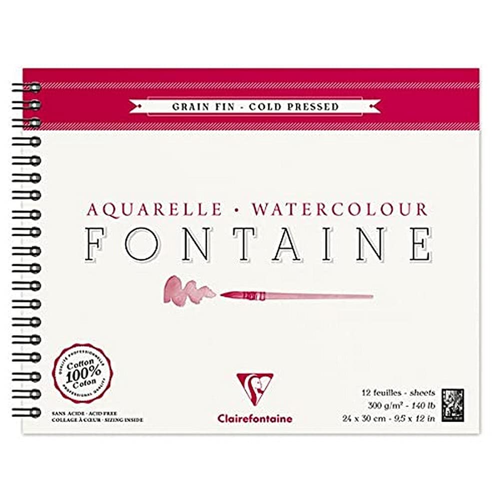 Clairefontaine - Ref 96314C - Fontaine Cold Pressed Watercolour Wirebound Pad (12 Sheets) - 24 x 30cm Size, 300gsm Paper - Suitable for Watercolour Artwork