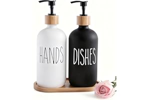 Kitchen Soap Dispenser Set, 2-Pack 16oz Glass Bottles for Hand and Dish Soap, Bamboo Tray & Bamboo Pumps, Refillable Countert