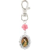 Needzo Floral Devotional Keychain with Our Lady of Guadalupe Medal, Pink Resin Rose Bead and Lobster Clip, 3.5 Inches