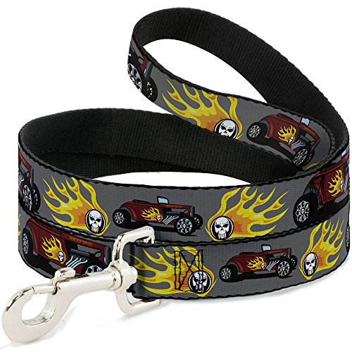 Buckle-Down DL-W30839-W Wide 1.5" Hot Rod with Flame Skull Dog Leash, 4'