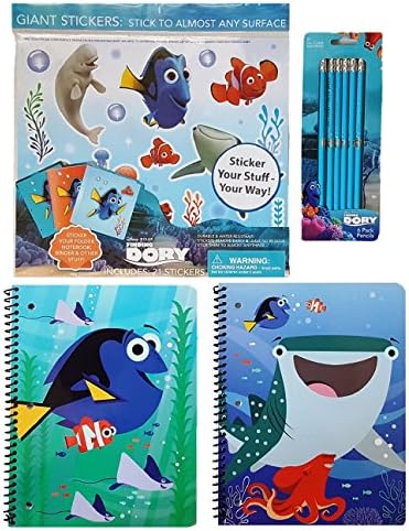 Back To School - Finding Dory Bundle of 4:- Two 70 Sheet Wide-Ruled Spiral Notebook,Pack of 6 Pencils and One Sheet of 21 Giant Stickers