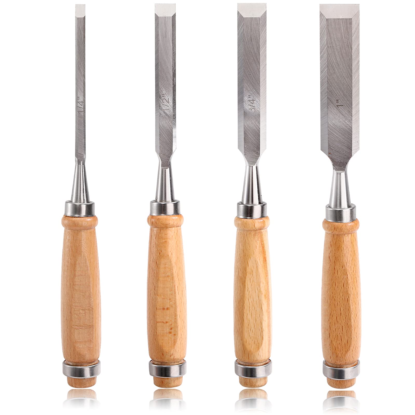 Dicunoy Wood Chisel Set, 4 Pieces, Beech Handles, Chrome Vanadium Steel Chisel for Woodworking, Carpentry, Woodworkers (6, 12, 18, 24 mm)