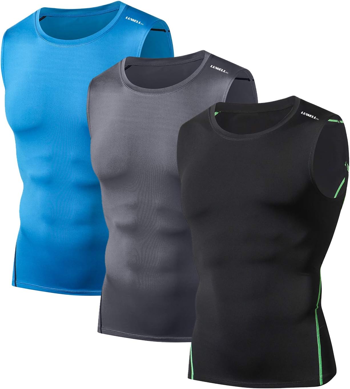LUWELL PRO Men's 3 Pack Tank Tops Compression Sleeveless Shirts Baselayers Muscle Shirts for Running,Workout,Gym,Training