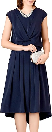 Amazon Ruirue Boutique ルイ ルエ ブティック カシュクール イレギュラーヘム ワンピース レディース ミセス フォーマル カジュアル パーティドレス パーティードレス 袖あり 半袖 ロング 膝下 大きいサイズ シンプル 結婚式 パーティ Ll 13号 ネイビー N