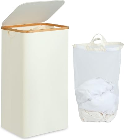 efluky 100L Laundry Basket with Lid Bamboo Handles Beige XL