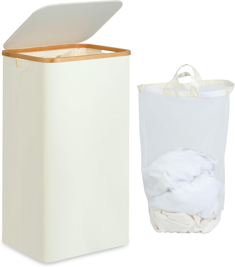 efluky 100L Laundry Basket with Lid Bamboo Handles Beige XL