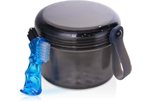 HEIGOEOST Denture Case, Leak Proof Denture Bath Cup for Travel, Denture Container Cups for Soaking Full & Partial Dentures, Retainers, Denture Cleaning Kit Holder Box with Denture Cleaner Brush-Transparent Grey