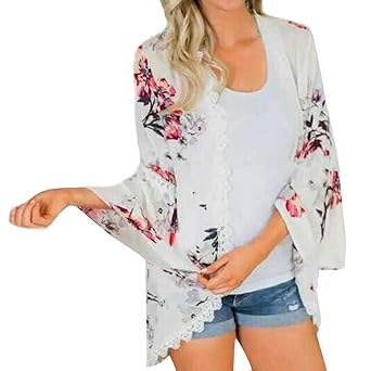 MRULIC Damen Florale Kimono Cardigan Boho Chiffon Sommerkleid Beach Cover up Leicht Tuch für die Sommermonate am Strand oder 