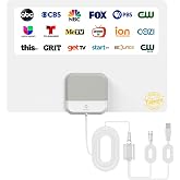 Indoor TV Antenna for Smart TV &ndash; Free Local Channels, No Monthly Fees | 65 Mile Long Range Reception, 4K 1080p, ATSC 3.0, Amplified Signal Booster, 16ft Coaxial Cable, Easy Window &amp; Wall Setup