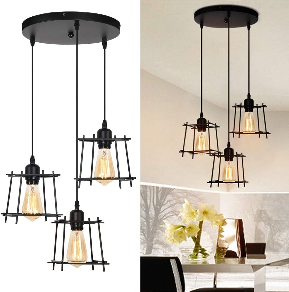 HAITRAL Dining Room Pendant Lighting 3 Lights - Industrial Hanging Light Fixtures Chandelier Black Metal Lampshade -Adjustable Ceiling Hanging Light Fixtures for Kitchen Island Bedroom: Home Improvement