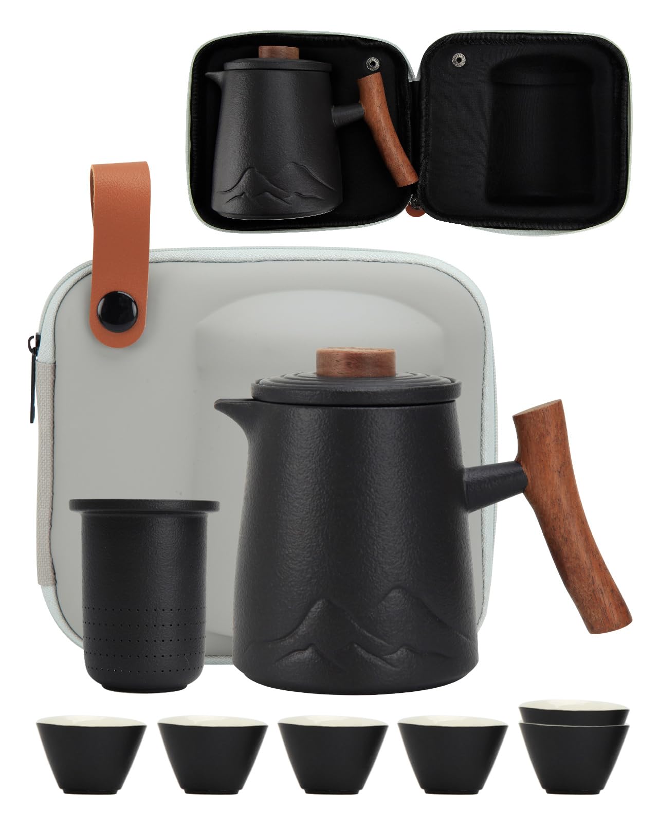 Photo 1 of ***MISSING MIDDLE PIECE*** Travel Tea Set for Adults Ceramic Tea Set with 1 Tea Pot 6 Tea Cups Set of 6 Tea Mug with Infuser and Lid 14.54 OZ Large Cup Strainer with Bag Holder for Loose Leaf Tea Gift for Tea Lovers (Black)