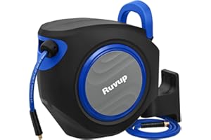 R RUVUP Ruvup Retractable Air Hose Reel, 3/8" x 110ft Air Compressor Hose Reel Auto Rewind Hybrid Hose Max 300PSI with 6.5ft Lead Hose Any Length Lock 180°Swivel Bracket