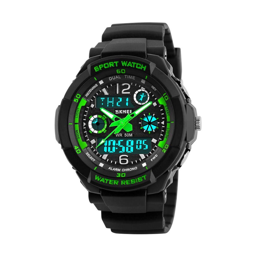 Children's Watch, Boys Watch for 6-15 Years, Waterproof Analog Wrist Watch for Outdoor Sports Multifunction Digital with LED Light Alarm and Calendar Date, 04-Green