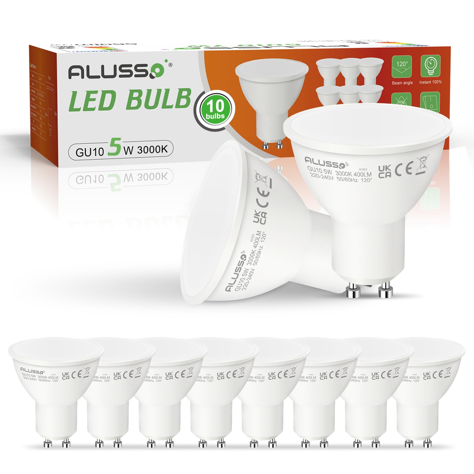 ALUSSO 5W GU10 LED Bulbs Warm White 3000K, 400lm Brightness, 120° Wide Beam Angle, Pack of 10, Non-Dimmable, Ideal for Kitchen & Bedroom & More