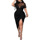 Floerns Women's Plus Size Mesh Short Sleeve Midi Dress Split Ruched Night Out Party Bodycon Dresses