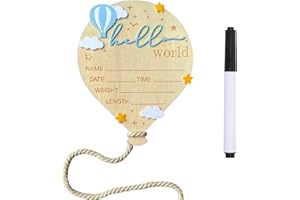 DUOJINSANXI Baby Announcement Sign, ​5.9 Inch Wooden Hello World Newborn Signs, Birth Announcement Sign, Hot Air Balloon and Stars Decoration, Welcome Newborn Arrival To World, Hospital Nursery for Baby (Blue)