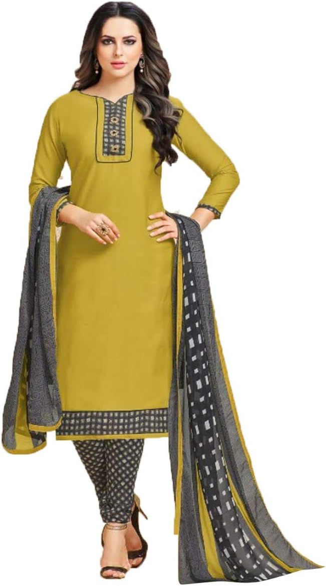 Rensil Women's French Crepe Dress Material with Dupatta (REN_1111_D_Mehendi Green_Free Size)