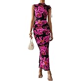 PRETTYGARDEN Women's Summer Maxi Floral Dresses Ruched Bodycon Sleeveless Mesh Formal Wedding Guest Cocktail Split Long Dress