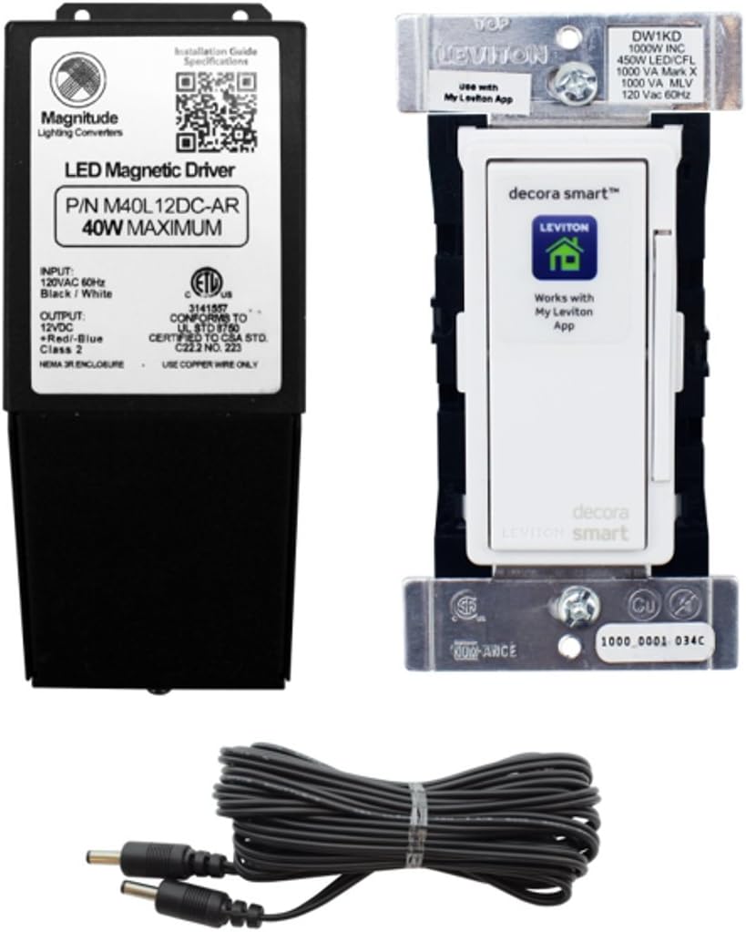Smart LED light Hardwire Bundle - 40W Magnitude Magnetic Transformer - Leviton Decora Smart Dimmer - 12ft cable - Compatible with Alexa , Google Home - From Inspired LED