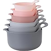 COOK WITH COLOR Nesting Plastic Mixing Bowl Set with Pour Spouts and Handles, Pink, 6 Piece Non-Slip
