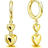 Dangle Hoop Earrings for Women Gold Plated Sterling Silver Double Heart Dangle Earrings Small Huggie Hoop Earrings Delicate Highly Polished Love Earrings Minimalist Lightweight Jewelry Gifts