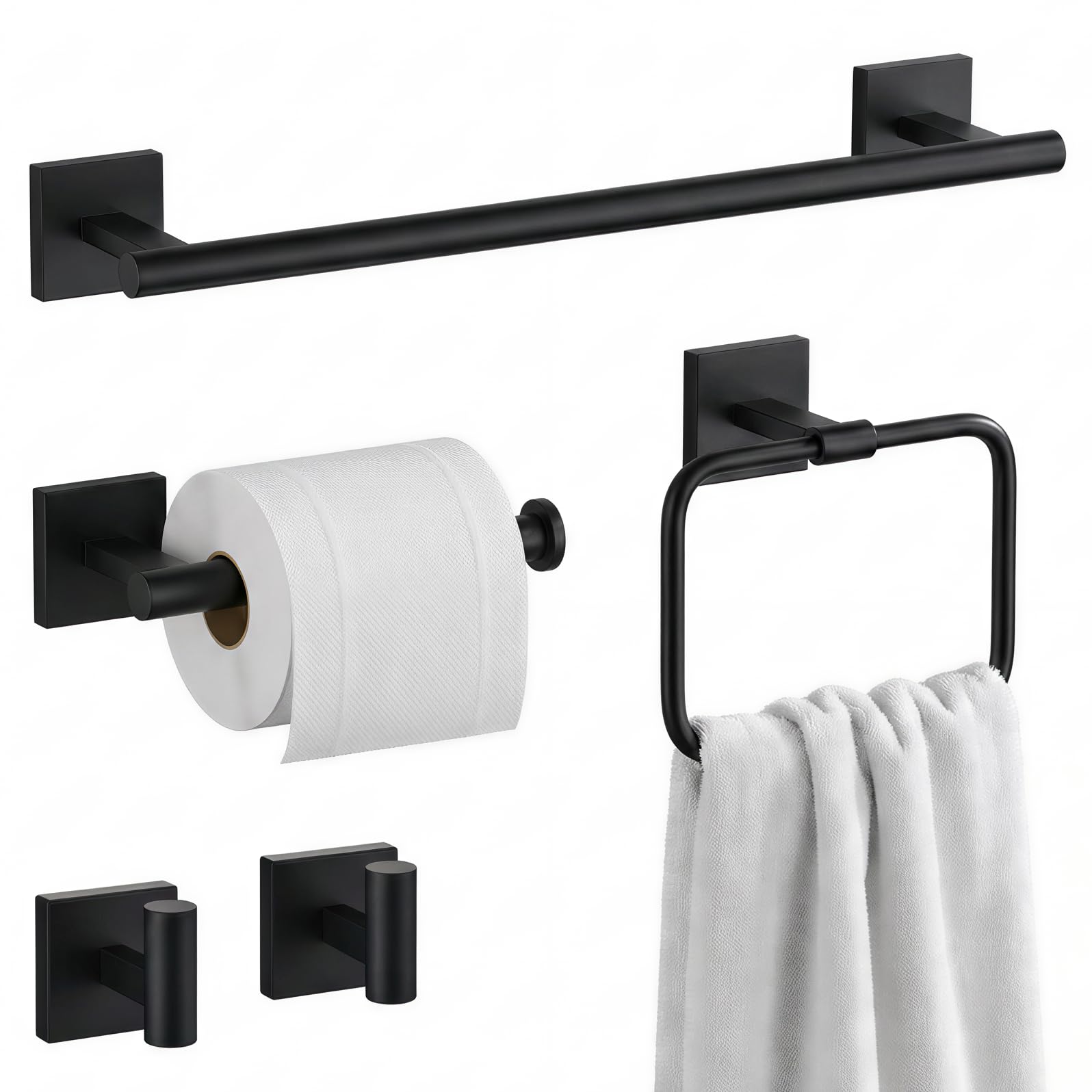Photo 1 of 16" Matte Black Bathroom Hardware Accessories Set 5-Piece for RV Camper, SUS304 Stainless Steel Rustproof Towel Bar Kit, Durable Powder Coated Finish with 2 Robe Hooks (Matte Black)