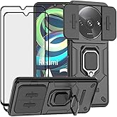 LosruGir for Xiaomi Redmi A3 Case with Tempered Glass Screen Protector [2 PCS],Hybrid Heavy Duty Sliding Camera Window Anti-Scratch Shockproof Defender Kickstand Case, Black