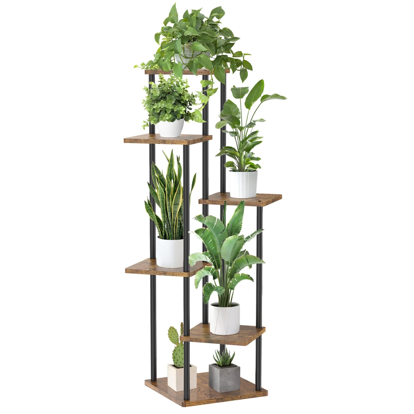 Photo 1 of Oppro 6 Tier Plant Stand Indoor, Tall Corner Wood Metal Plant Shelf Holder Clearance, Large Multiple Flower Orchid Pot Rack for Outdoor Patio Office Porch Living Room Bedroom Garden Balcony, Black