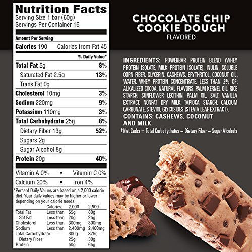 PowerBar Clean Whey Bar, Chocolate Chip Cookie Dough, 2.12 oz Bar, (16 Count)
