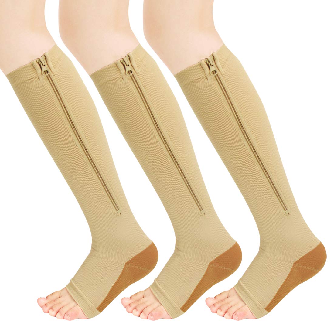 Easy On Zip compression Socks For Men Women With Toe Open Design Zipper Leg Support Knee-High Stockings, Brown Skin, L/XL