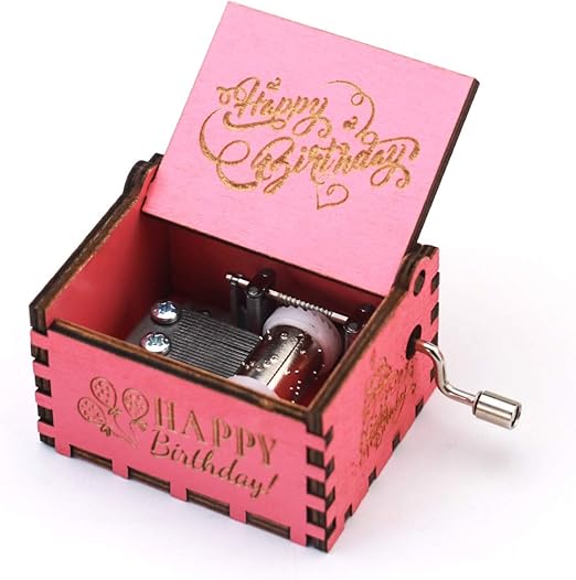 Happy Birthday Music Box Hand Crank Carved Wooden Musical