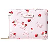 Sunwel Fashion Women Cute Print Wallets with Credit Card Slots ID Window & Zipper Coin Pouch (STRAWBERRY BOW PINK)