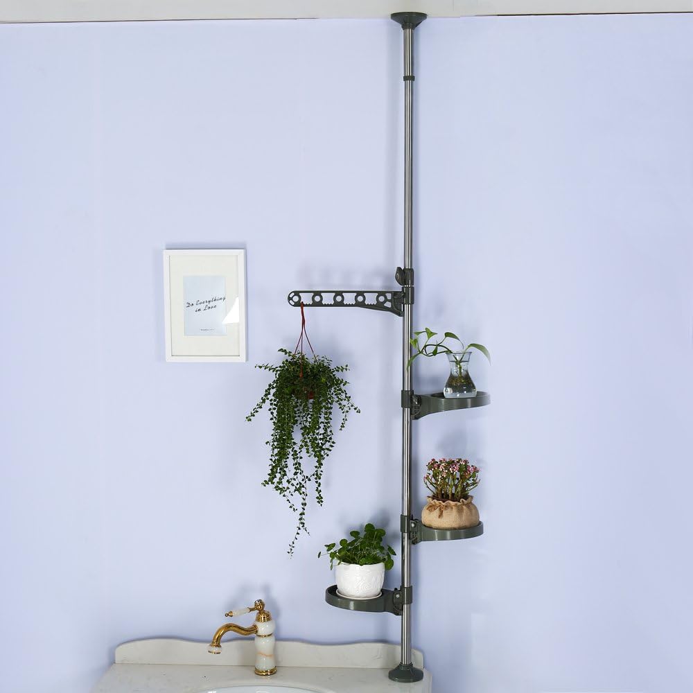 BAOYOUNI Indoor Plant Pole Stand Tension Rod Adjustable Flower Display Rack Spring Loaded Floral Hanger Storage Shelf with 3 Trays & 1 Arm for Windowsill Counter Top Grey - Image 4