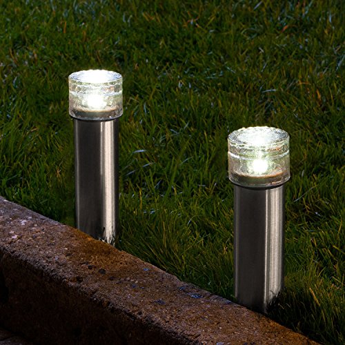 2 Stainless Steel Solar Path Lights, Textured Glass Bollard Top, Warm White LEDs, Rechargeable Battery Included