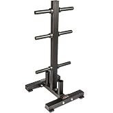 Olympic Weight Plate Tree 2 Inch, Heavy Duty Weight Plate Rack with 6 Storage Pegs &amp; 2 Vertical Barbell Holders, Black Powder Coated Plate Storage Rack for Home Gym, Holds Up to 650 lbs